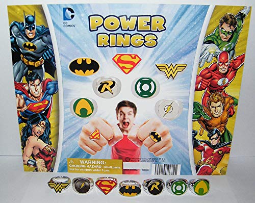 Batman Superman Justice League Superhero Logo Power Ring Toy Set of 7 with Aquaman, Wonder Woman, Flash and Bonus Logo Tattoo!