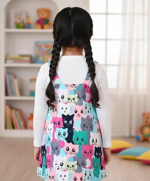 Image of Kid Girls Cat Printed Dress with Long Sleeves White Top| Comfortable, Breathable, Lightweight & Skin Friendly