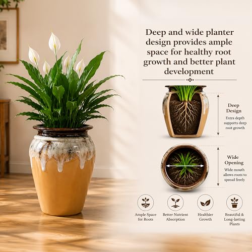 Image of Ceramic Flower Pots for Garden | Big Size Planters for Home Decor, Living Room, Balcony & Office | Multi Utility Vase Gamla for Indoor Outdoor Plants (Hand-Painted, Yellow, 10 Inch)