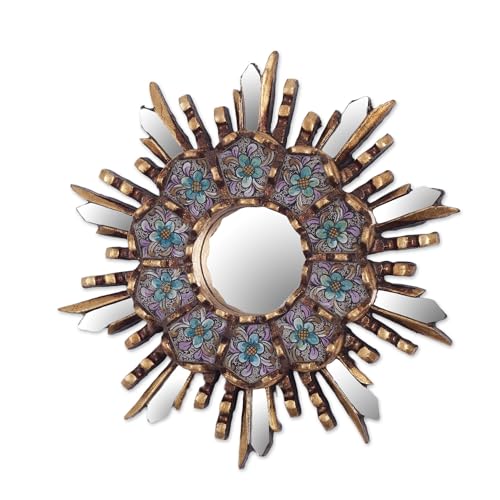 NOVICA Blue Floral Reverse Painted Glass Bronze Leaf Starburst Wall Mounted Mirror, 'Cuzco Meadow'