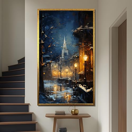 Tableau sur toile ruelle enneigée et église poster grand format sans cadre 80x150cm XINBAO