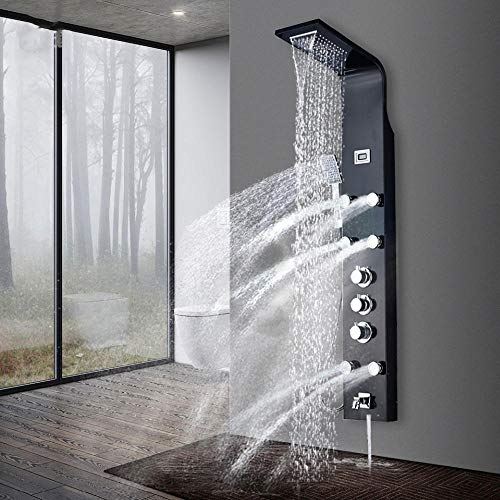 Panel de ducha con efecto cascada y sistema de masaje, grifo para bañera y duchador de mano - Columna de ducha fija con acabado bronce miniatura 4