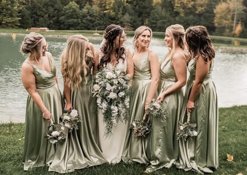 Dymaisei Satin Bridesmaid Dresses Spaghetti Straps V Neck Prom Dress Long A Line Formal Evening Dress with Pockets4