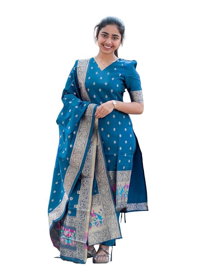 Traditional Jacquard Woven Kurta Pant Set, Royal Blue with Silver Border, Embroidered Dupatta, 3 Piece Ethnic Wear-image-3