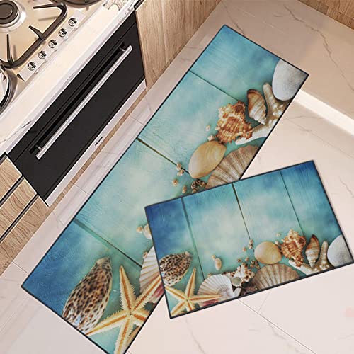 Artsocket Kitchen Rugs And Mats Non Skid Washable Set Of 2, Summer Star Sea Kitchen Runner Rug, Shells Wooden Blue Beach Vintage Kitchen Floor Mat Under Sink Mat Throw Rug For Doormat Waterproof #TOP9