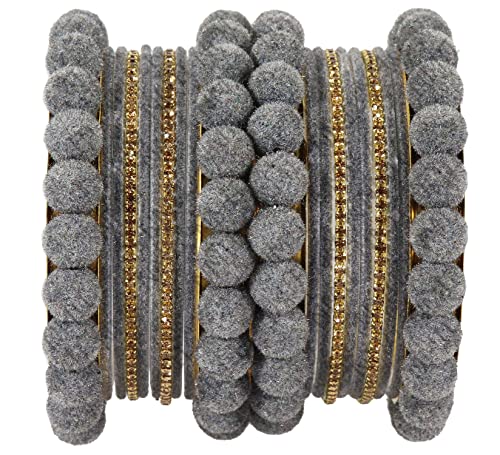 Image of NMII Stylish Metal with Golden Zircon Stone & Velvet Balls Bangles Set For Women and Girls | Fancy Designer Bangles | Short Velvet Chuda Set | Women's Fashion Jewellery