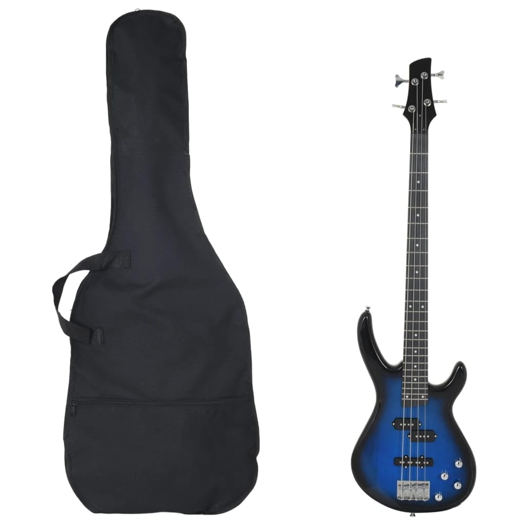 E-Bass für Anfänger 4/4 46 Zoll mit Tasche, Stimmgerät, Plektrum und Gurt, Massives Birkenholz Bassgitarren-Set in Blau Schwarz für Musik Schule Bühne Hobby und Einsteiger