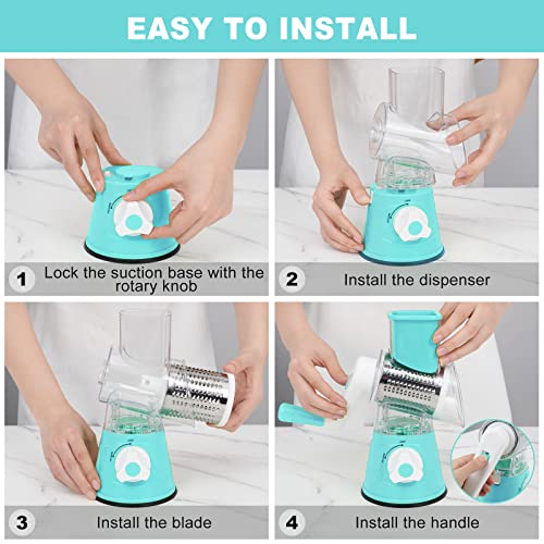 Elyum Rotary Cheese Grater Manual Cheese Grater With Handle 3 Interchangeable Stainless Steel Blades Cheese Shredder Strong Suction Base Cheese Graters For Kitchen Vegetables, Cheese And Nuts (Blue) #TOP5