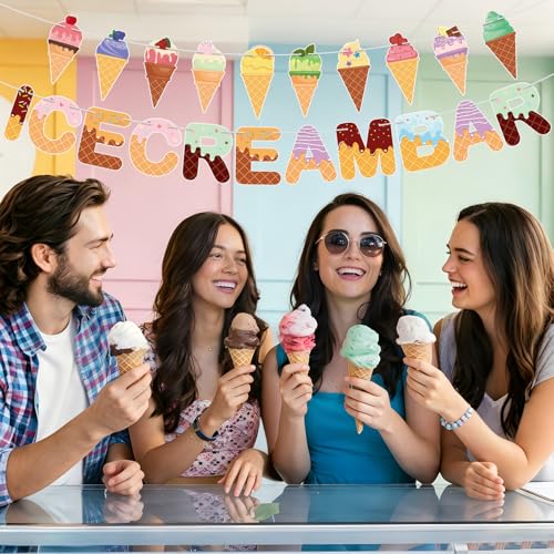 Image of Hooqict Ice Cream Party Banner Sign Ice Cream Party Garland Decorations for Kids Boys Girls Summer Sweet Themed Birthday Party Decorations Supplies