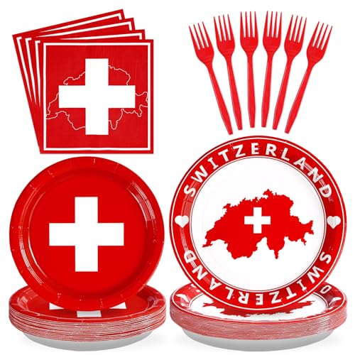 Grencian 96Pcs Switzerland Party Supplies Swiss Flag Plates and Napkins Disposable Switzerland Paper Plates Swiss National Day Decorations Tableware Kit for Travel, Cultural or Themed Events