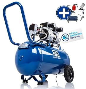 NTG Silent Kompressor 9 Bar | 50 L Tank | 1470W Starke Leistung | Ölfrei | besonders leise und flexibel einsetzbar mit Manometer und Druckregler 50 L Tank (Kompressor mit Starterset, 50 Liter Tank)