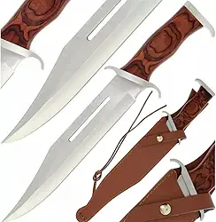 Faca Rambo Grande para Caça, Trilha, Pesca, Sobrevivência, em Aço Inoxidável com Bainha de Couro