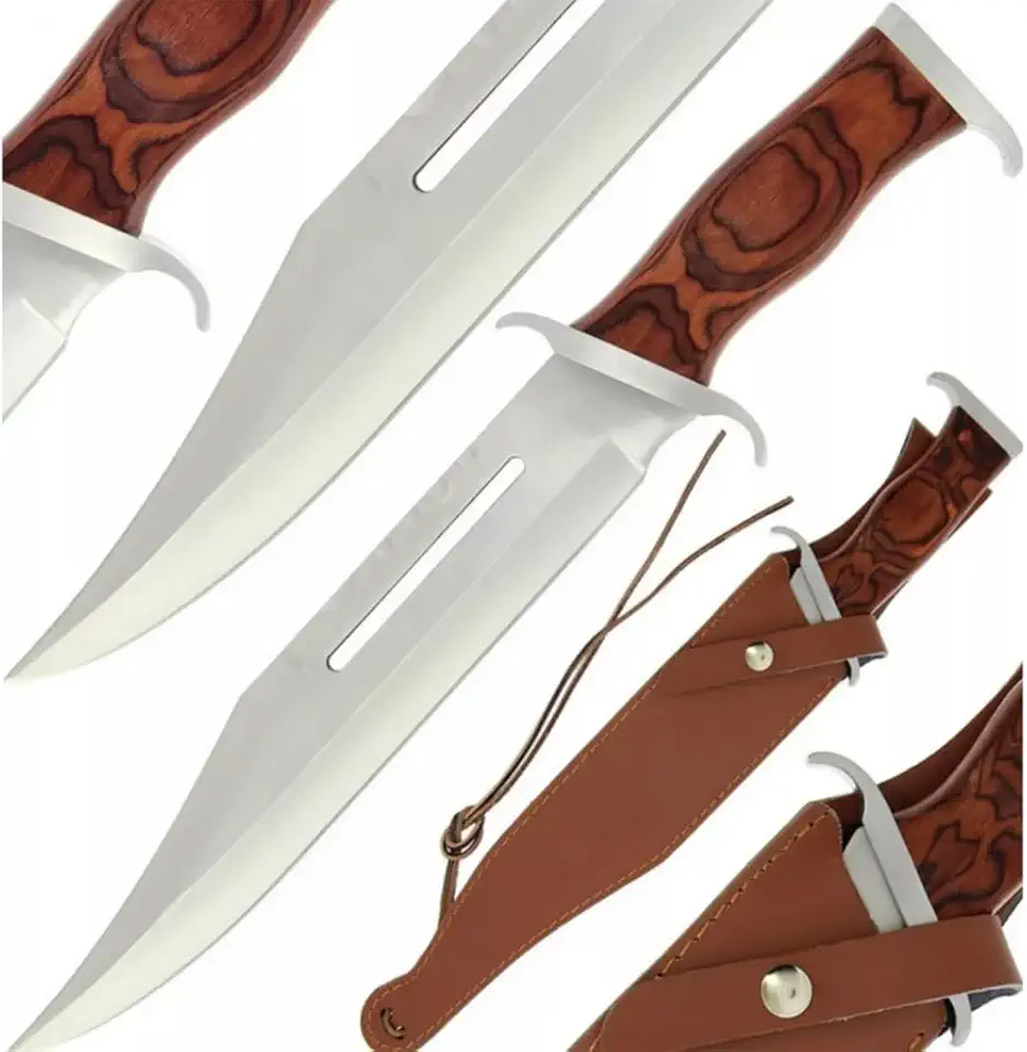 Faca Rambo Grande para Caça, Trilha, Pesca, Sobrevivência, em Aço Inoxidável com Bainha de Couro