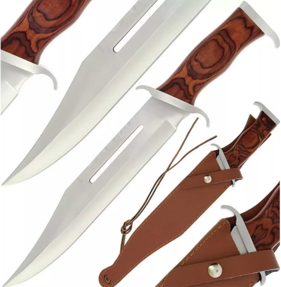 Faca Rambo Grande para Caça, Trilha, Pesca, Sobrevivência, em Aço Inoxidável com Bainha de Couro