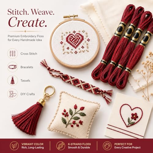 Image of FASHEWELRY 10 Skeins Dark Red Embroidery Floss Friendship Bracelet String Threads 6-Ply 0.5mm Cross Stitch Embroidery Thread for Sewing Bracelet Making Stitching Crafts