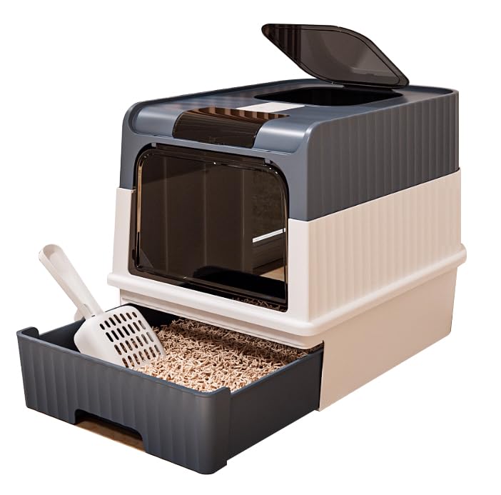 BPS Caja de Arena para Gatos con Cajón Extraíble, Cubierta Superior y Filtro Desodorizante – Doble Entrada/Salida, Espaciosa y Antisalpicaduras, Fácil de Limpiar (Gris) BPS-8805GR