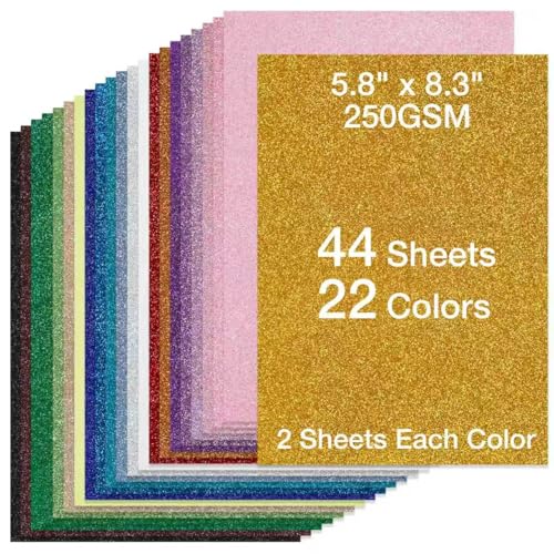 44 Sheets Glitter Cardstock Paper 22 Colors A5 Sparkle Glitter Paper 250GSM Heavy Craft Card Stock for Cricut Scrapbooking Card Making Party Decorations & Invitations Non-Shedding Scrapbook