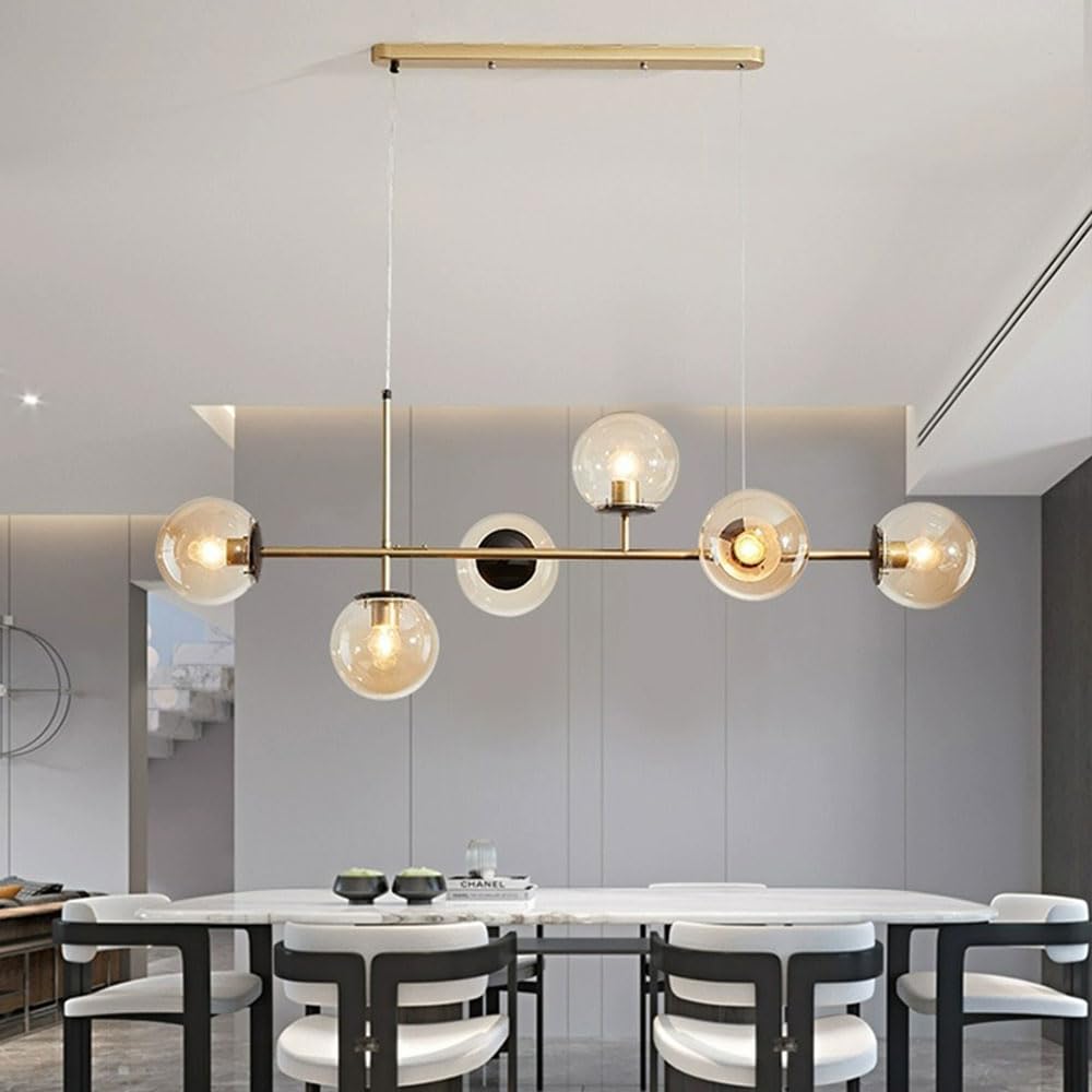Moderne lampade a Sospensione a 6 luci, lampadario per Interni in Ferro con Paralume sferico in Vetro, Lampada a Sospensione Industriale da soffitto da 118 cm per Soggiorno, Sala da Pranzo