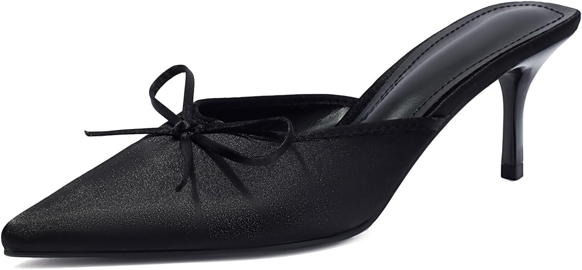 UFEDO Fashion Kitten Heels Bow Mules for Women Pointed Toe Slip On Mini Heels Mules