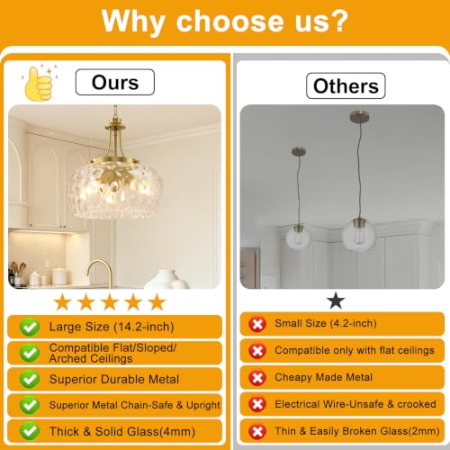 Image of Modern Pendant Lights Kitchen Island, 3-Light Gold Pendant Light Fixtures with 14.2 inch Clear Hammered Glass Shade, Industrial Hanging Pendant Lights Fixture for Kitchen Island, Dining Room, Entryway