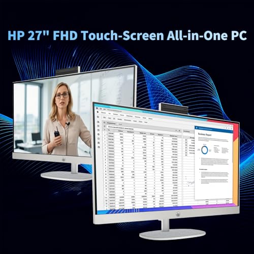 Image of HP 27 inch all-in-one touchscreen desktop, Intel Core Ultra 7 155U, DDR5 RAM, SSD, Windows 11 Pro, adjustable angle, wireless keyboard and mouse