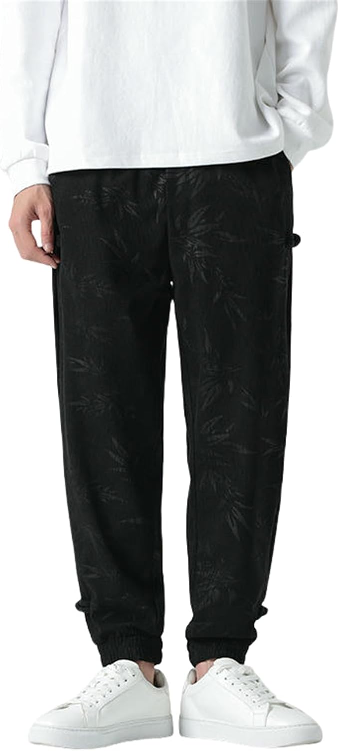 Men's Autumn Winter Corduroy Chinese Style Embossed Traditional Frog Buttons Jogger Casual Long Pants