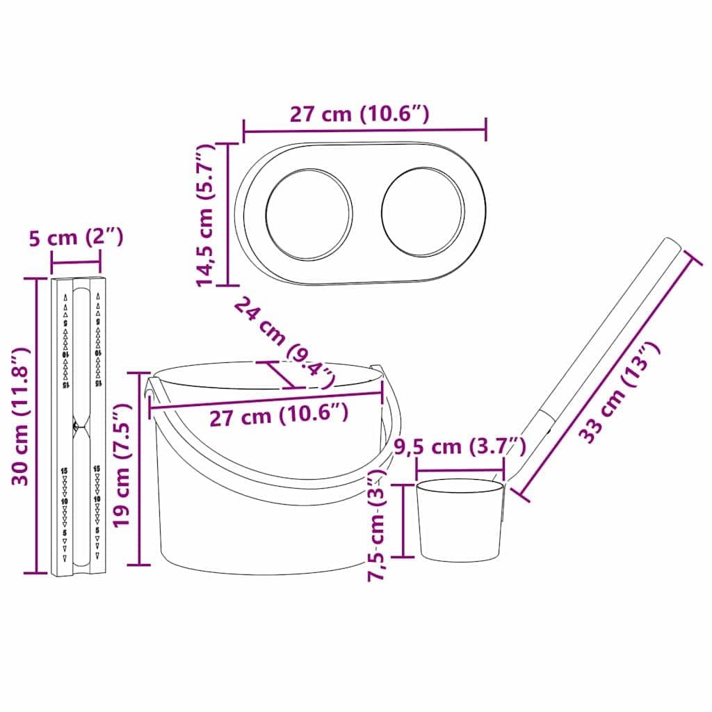 Mangloder - Set di accessori per sauna, 4 pezzi, nero, con secchio da 7 l, cazzuola, clessidra termometro, igrometro, manico in bambù, per interni, sauna, benessere, relax, bagno a vapore, legno
