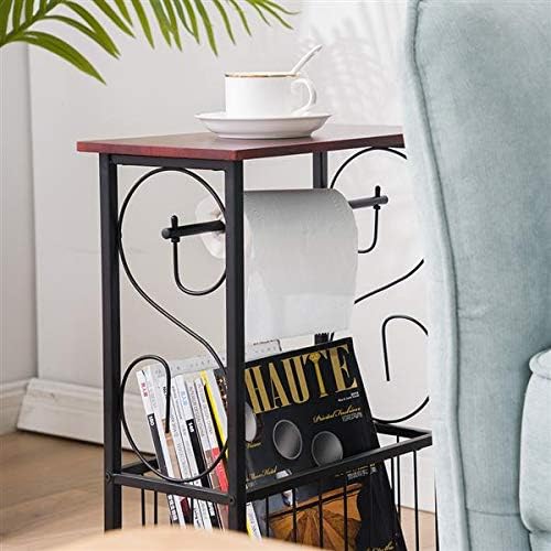 Bathroom Floor Storage Side Corner Table Shelf Toilet Tissue Paper Roll Holder Stand Magazine Rack Organizer - Metal Frame & Wood Top (Coffee)