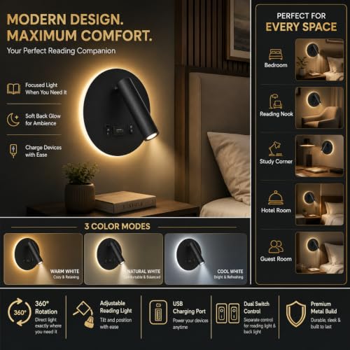 Image of Smartway Rotatable USB Black 12W Rotatable LED Bedside Wall Lamp with 3 Color Modes | Adjustable Reading Light for Bedroom, Living Room & Study | Modern Decorative Wall Light, Premium Build