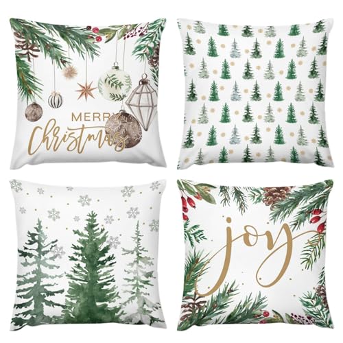 KEIROUTK Christmas Cushion Covers Green Merry Christmas Trees Snowflake Cushions 45 X 45 Set Of 4,Xmas Cushion Covers Snowflake christmas decorations 18 x 18 Inch Joy Xmas Balls Winter Decoration
