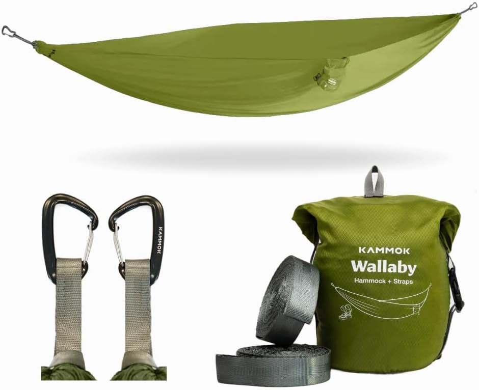 Kammok Wallaby Lightweight Hammock with Straps – Portable Hammock for Backyard, Park, Camping, Campus, Patios or Hiking – Built for Everyday Use - Durable Ripstop Nylon, Easy Setup - Fern Green