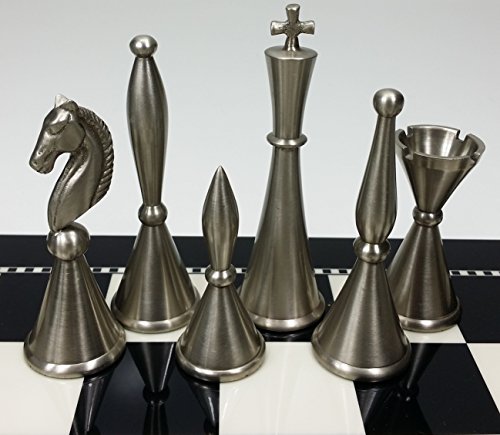 Brass Metal Modern Art Deco Staunton Chess Set W/ 15" High Gloss Black & White Gloss Board #TOP2