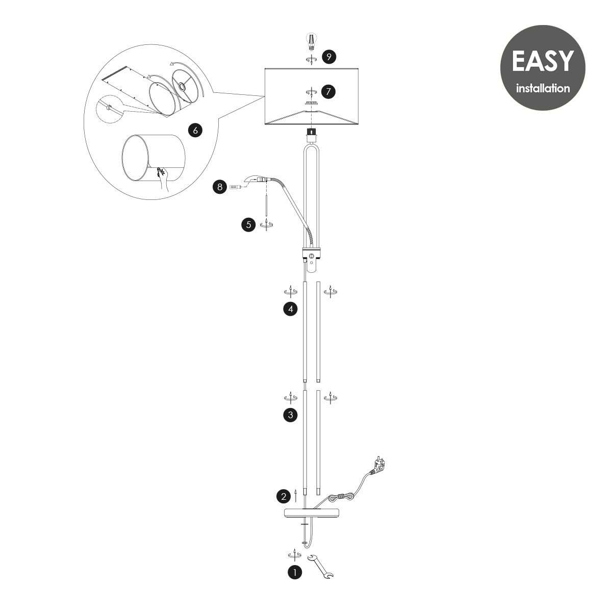 Home Sweet Home Piantana uplighter con lampada da lettura dimmerabile – Lampada da terra per soggiorno in ottone, lampada LED da 170 cm con paralume in tessuto, incluse lampadine E27 e G9