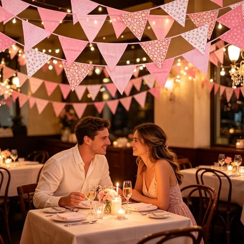 Image of Zwiebeco 32Ft Light Pink Fabric Floral Pennant Banner Bunting Cotton Flowers Triangle Flags Party Decorations for Birthday Wedding Engagement Bridal Baby Shower Rustic Village Sweet Home Garden Decor