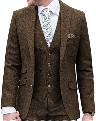 MoranX FRSU Men Suit Classic Regular Fit 3 Piece Tweed Herringbone Wool Jacket Tuxedos Wedding Grooms Blazer+Vest+Pants(Brown,40R)