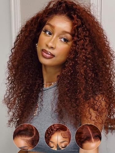 Image of Sunber Reddish Brown Curly Human Hair Drawstring Wig Bye Bye Knots 7X5 Lace Front Glueless Wigs Human Hair No Slip Put on and Go Wigs Pre Plucked Pre Cut Natural Hairline 150% Density 14 Inch