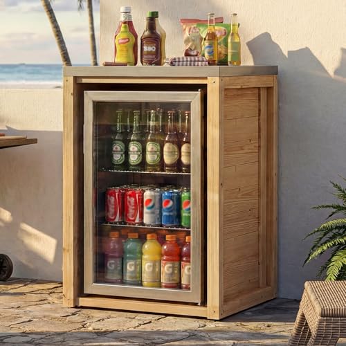 MOUMON Outdoor Mini Fridge Cabinet with Stainless Steel Countertop 24 Solid Cedar Patio Refrigerator Stand Oak 27.6W x 23.6D x 37.4H