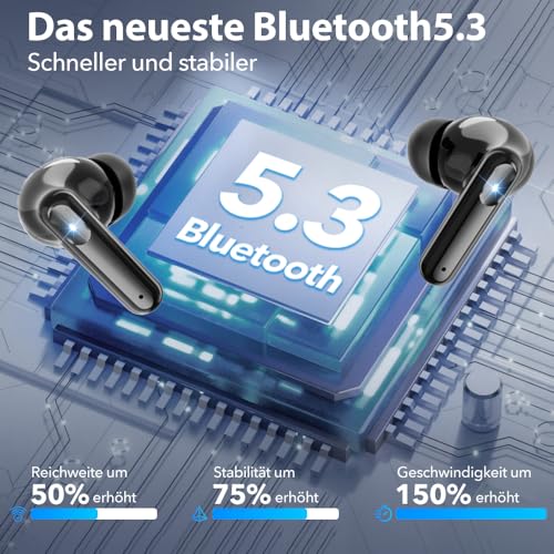 JBMI Kopfhörer Kabellos Bluetooth 5.3, In Ear mit 4 ENC Mikrofon Bluetooth Kopfhörer, 60 Std Stereo Noise Cancelling Earbuds, USB-C, IP7 Wasserdicht Ohrhörer (Obsidiana)