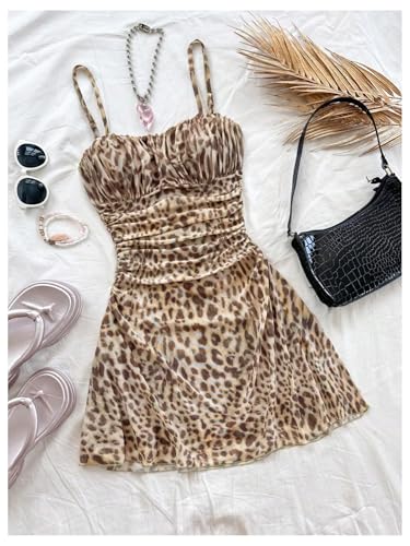 Image of Verdusa Women's Cheetah Print Dress Y2K Leopard Fitted Mini Dresses Spaghetti Strap Mesh Dress