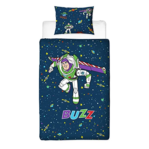 Disney - Juego de Funda de edredón Oficial de Toy Story Buzz Lightyear para niños Individuales, Ropa de Cama Reversible de 2 Caras, Incluye Funda de Almohada a Juego, Juego de Cama Individual