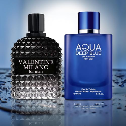 Image of AFLUXE Valentine Milano /Aqua Deep Blue 2PCS Eau De Toilette for Men-Fresh, Romantic Scent Perfume for Men 3.4 Fl Oz Each Mens Cologne For All Skin Daily Used