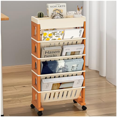 NUODWELL Mobile Bookshelf with Wheels, Removable Plastic Storage Organizer Kids Bookshelf, Large Capacity Magazine Rack Book Cart Rolling Cart for Office, Dorm, Classroom