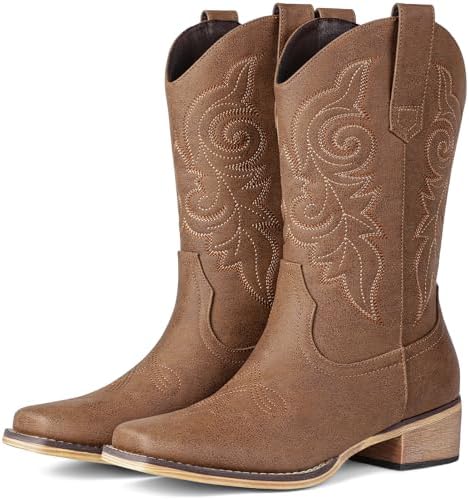 Pasuot Western Cowboy Boots for Women - Square Toe Mid Calf Cowgi...