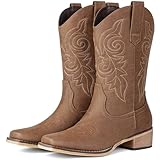 Pasuot Western Cowboy Boots for Women - Brown Square Toe Mid Calf Cowgirl Boots, Low Chunky Heel Country Boot with Classic Retro Embroidery Pull On for Ladies Rodeo Festival Concert US 8