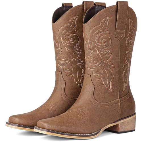 Pasuot Western Cowboy Boots for Women - Brown Square Toe Mid Calf Cowgirl Boots, Low Chunky Heel Country Boot with Classic Retro Embroidery Pull On for Ladies Rodeo Festival Concert US 8