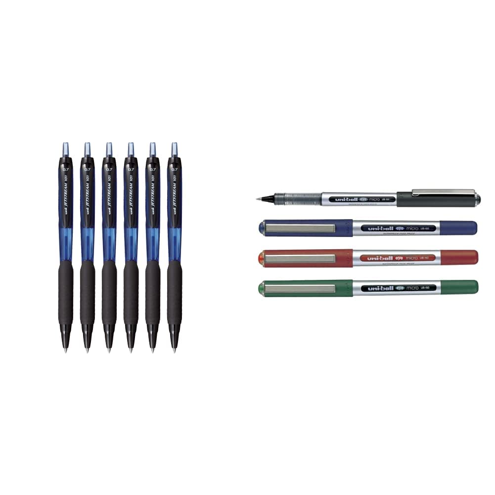 UniBall Unjsp101Bl6 Jetstream Roller Ball Pen Set Pack Of 6 (Blue) & UniBall Eye Ball Point