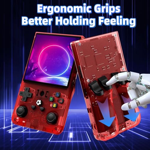 Image of R36MAX Retro Handheld Game Console, 4.0 inch Retro Gaming Console with 64GB Memory, Portable Retro Video Games Console, 4000mAh Battery, Support 30+ Emulators, Transparent Red