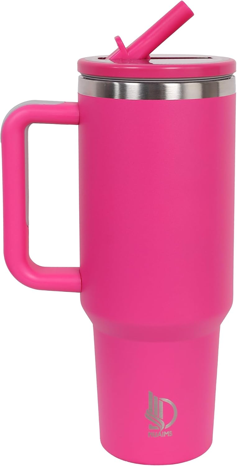 40oz Premium Stainless Steel Tumbler with Handle & Straw | Vacuum-Insulated Double-Wall Travel Mug for Hot & Cold Drinks | Cup-Holder Friendly | Leak-Resistant Lid (Brillint Rose)