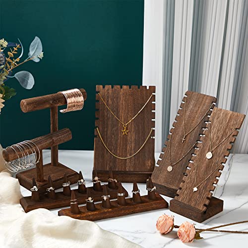 6 Pcs Jewelry Display Holder Set, Including Wooden Necklace Display Stand 2 Tier Jewelry Bracelet Watch Display Tower Wooden Finger Ring Stand Showcase For Bangle Pendant Storage, Brown #TOP4