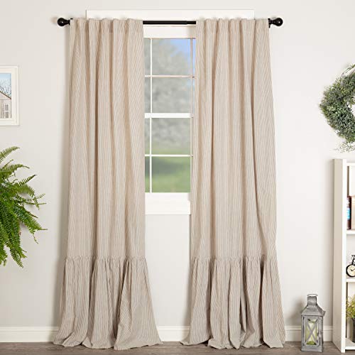 Sara's Ticking Ruffled Panel Curtains, Set Of Two, 84" Long, Black & Cream Mini Mini Stripe, Vintage Farmhouse, Country Cottage Drape Window Treatment #TOP26